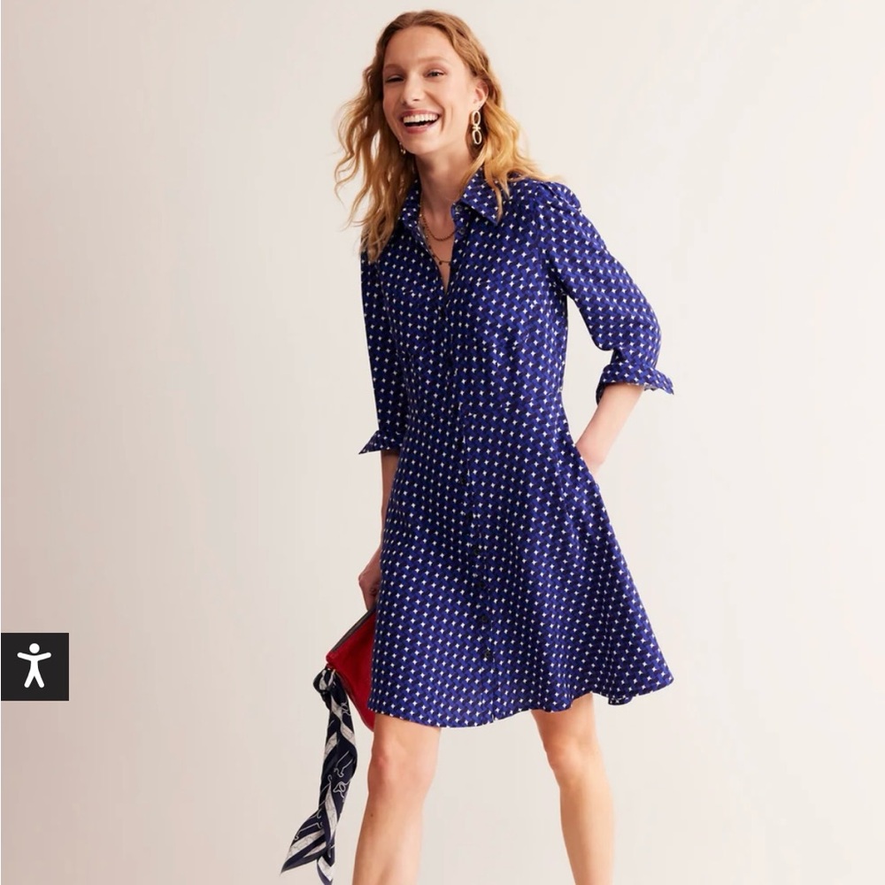 Boden Pocket Detail Mini Shirt Dress Size US 4 Mazarine Blue Print Terrace Swirl